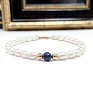 10k Solid Yellow Gold Genuine Freshwater Pearl & Sapphire Bracelet (7.5 inch)